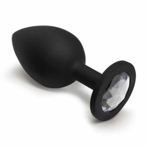 BQS - Sort Silikonbuttplug med Krystall - Klar - Medium BQS - Sort Silikonbuttplug med Krystall - Klar - Medium
